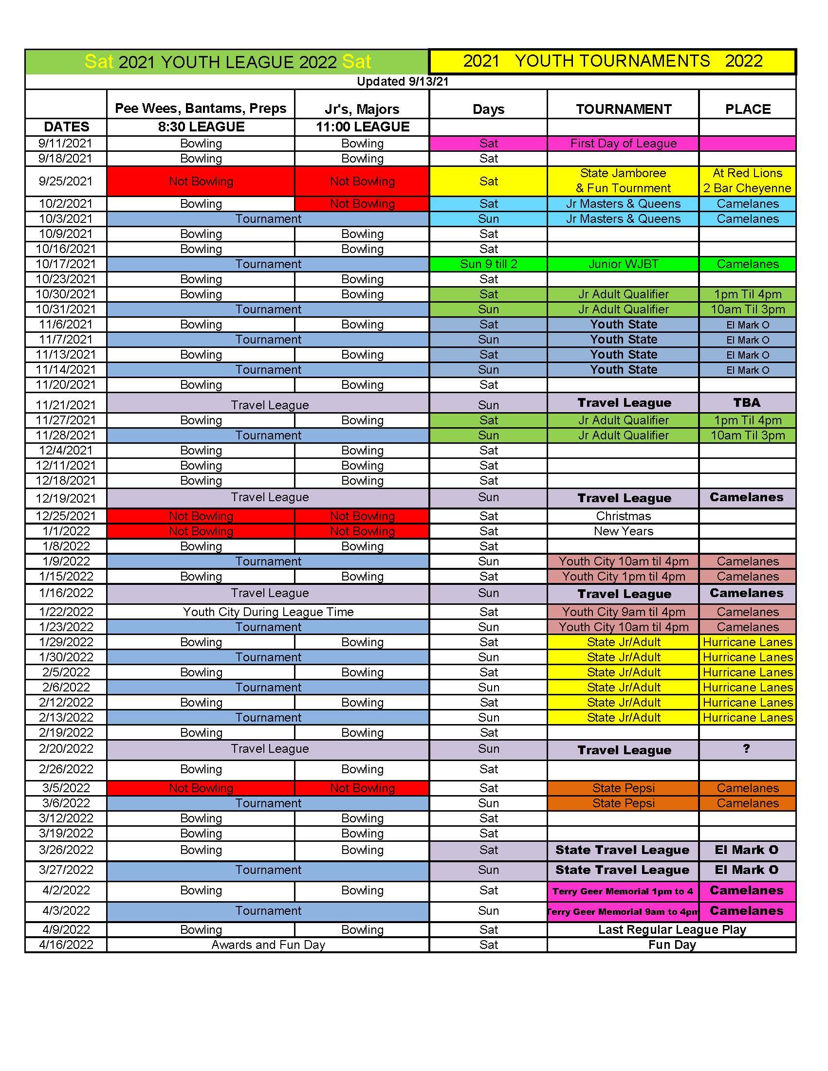 20121-22 Youth Bowling Schedule